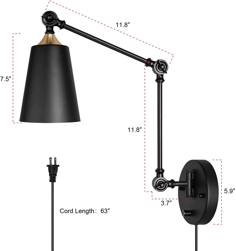 Modern Black Plug in Wall Sconces Industrial Farmhouse Swing Arm Wall Lamp for Bedroom Bathroom Dining Living Room