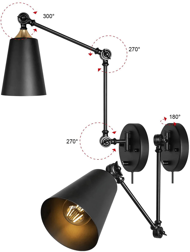 Modern Black Plug in Wall Sconces Industrial Farmhouse Swing Arm Wall Lamp for Bedroom Bathroom Dining Living Room