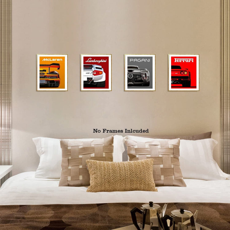 Modern Car Posters Classic Supercar Wall Art Prints, Cool Racing Ferrari Lamborghini Mclaren Pagani Canvas Posters for Man Cave Boys Room Wall Decor, Sports Car Art Prints, Set of 4 (8"X10" Unframed) Home & Garden > Decor > Artwork > Posters, Prints, & Visual Artwork NIIORTY   