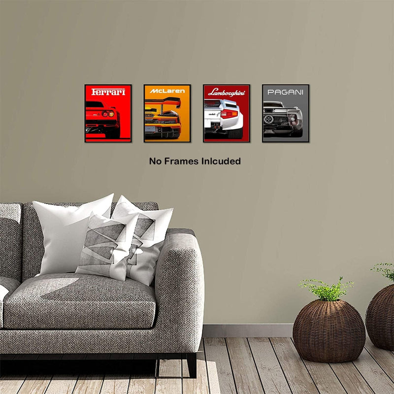 Modern Car Posters Classic Supercar Wall Art Prints, Cool Racing Ferrari Lamborghini Mclaren Pagani Canvas Posters for Man Cave Boys Room Wall Decor, Sports Car Art Prints, Set of 4 (8"X10" Unframed) Home & Garden > Decor > Artwork > Posters, Prints, & Visual Artwork NIIORTY   