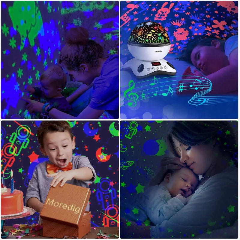 Moredig Night Light Projector, Baby Night Light for Kids with Remote and Timer, 360 Degree Rotating - 8 Color Changing 12 Songs Toddler Night Light Christmas Gifts for Baby - Black