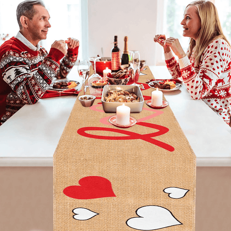 Mosoan Burlap Valentines Table Runner Valentine'S Day Decor - 13 X 72 Inches Rustic Love Heart Table Runner for Valentines Day Dinner Table Decorations