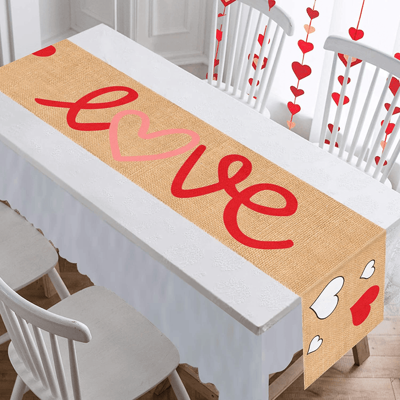 Mosoan Burlap Valentines Table Runner Valentine'S Day Decor - 13 X 72 Inches Rustic Love Heart Table Runner for Valentines Day Dinner Table Decorations Home & Garden > Decor > Seasonal & Holiday Decorations Mosoan   