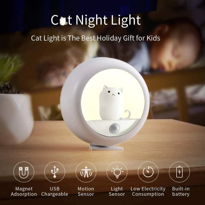 Motion Sensor Night Light,Warm White USB Rechargeable Bedside Light,Magnetic Cat Lamp for Closet Bedroom Bathroom Stairs Kitchen Hallway,Adjustable 2 Brightness Levels.1- Pack (White)