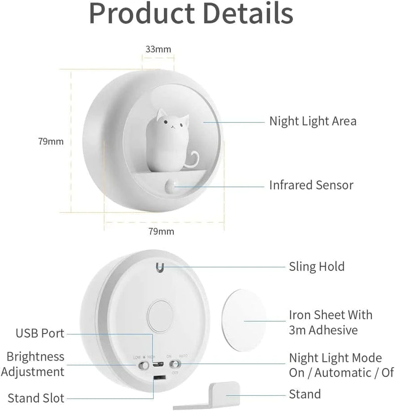 Motion Sensor Night Light,Warm White USB Rechargeable Bedside Light,Magnetic Cat Lamp for Closet Bedroom Bathroom Stairs Kitchen Hallway,Adjustable 2 Brightness Levels.1- Pack (White)