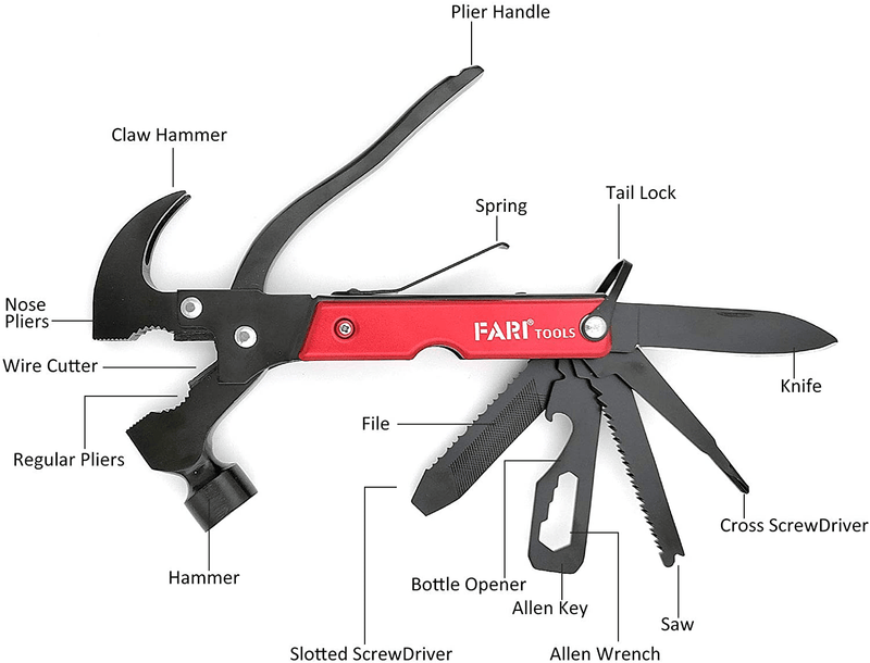Multitool 15 in 1 Camping Gear, FARI Stainless Steel Handy Survival Multi Tool Gifts for Men and Dad with Claw Hammer Knife Saw Plier Screwdrivers Bottle Opener Durable Sheath