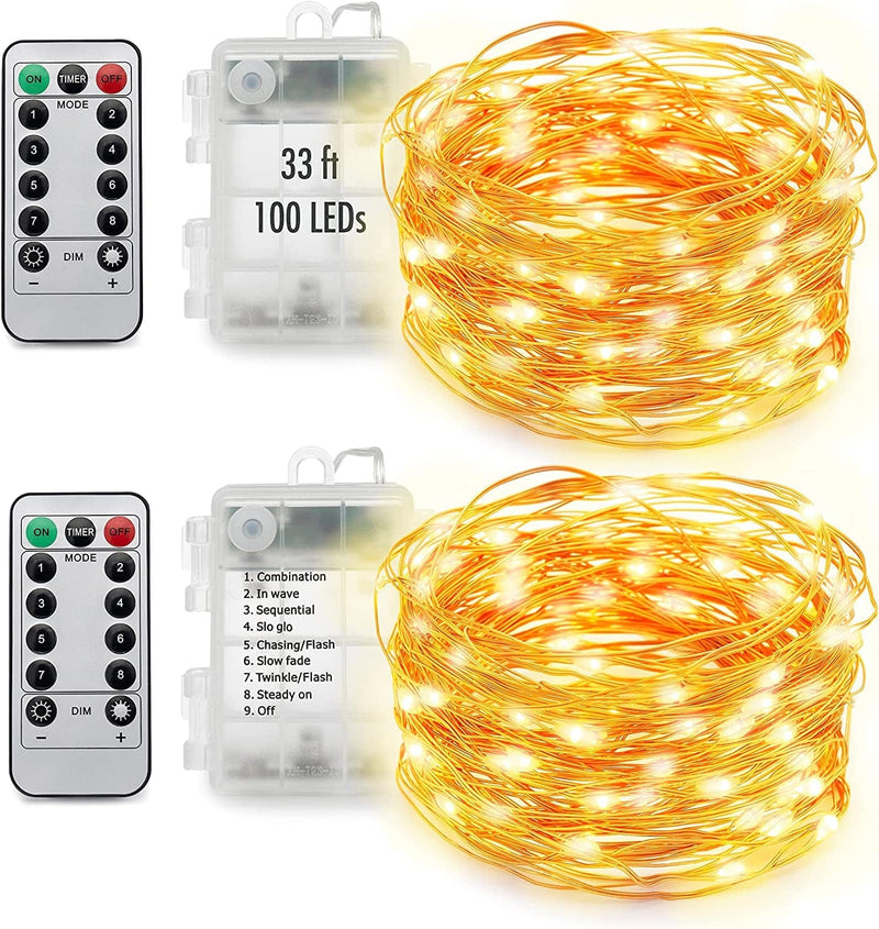 MUMUXI Battery Operated Christmas Lights [Set of 2], 33 Ft 100 Fairy Lights with Remote | LED Battery Operated Christmas Lights, 8 Modes, Timer | Waterproof Outdoor Indoor String Light, Warm White Home & Garden > Lighting > Light Ropes & Strings MUMUXI Warm White 2 Pack-33 Ft-100 LED 