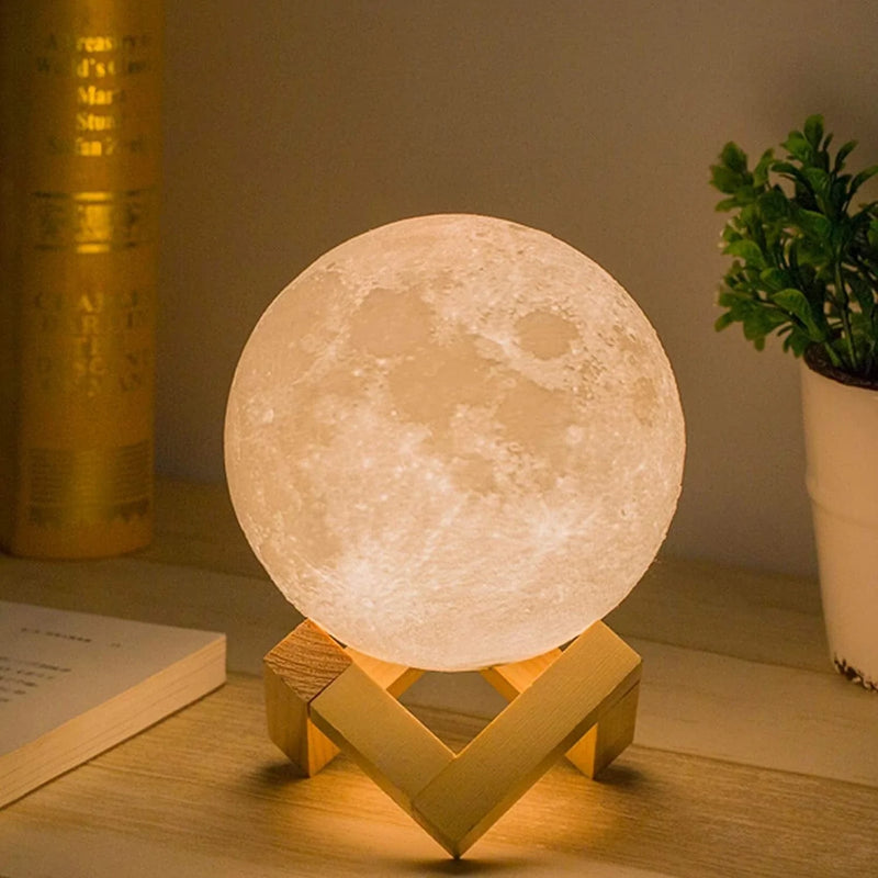 Mydethun 3D Moon Lamp with 4.7 Inch Wooden Base - LED Night Light, Mood Lighting with Touch Control Brightness for Home Décor, Bedroom, Gifts Kids Women Christmas New Year Birthday - White & Yellow