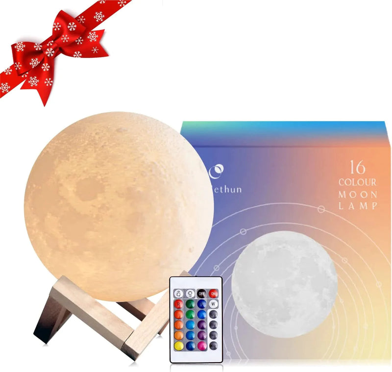 Mydethun 3D Moon Lamp with 4.7 Inch Wooden Base - LED Night Light, Mood Lighting with Touch Control Brightness for Home Décor, Bedroom, Gifts Kids Women Christmas New Year Birthday - White & Yellow