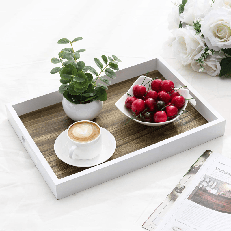 MyGift Decorative Natural Wood Breakfast Serving Tray with Cutout Handles, Brown/White - 16 X 11 Inch Home & Garden > Decor > Decorative Trays MyGift   
