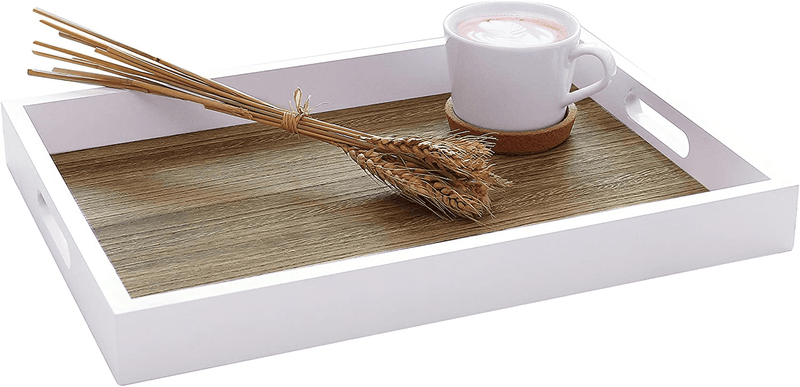 MyGift Decorative Natural Wood Breakfast Serving Tray with Cutout Handles, Brown/White - 16 X 11 Inch