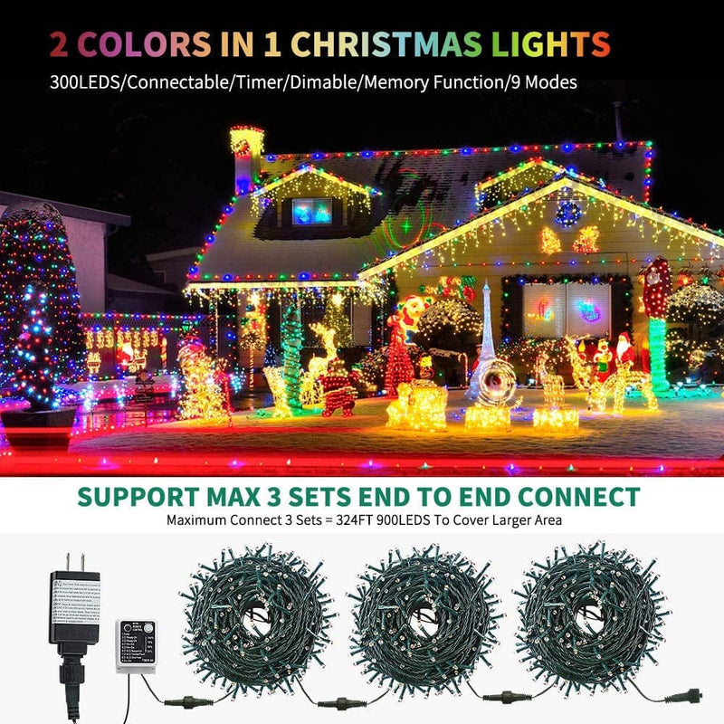 MZD8391 Color Changing Christmas String Lights Outdoor Indoor, 108FT 300 LED Warm White Multicolor Fairy Lights, END to END Connect, Waterproof Christmas Tree Lights Timer Remote Home & Garden > Lighting > Light Ropes & Strings MZD8391   