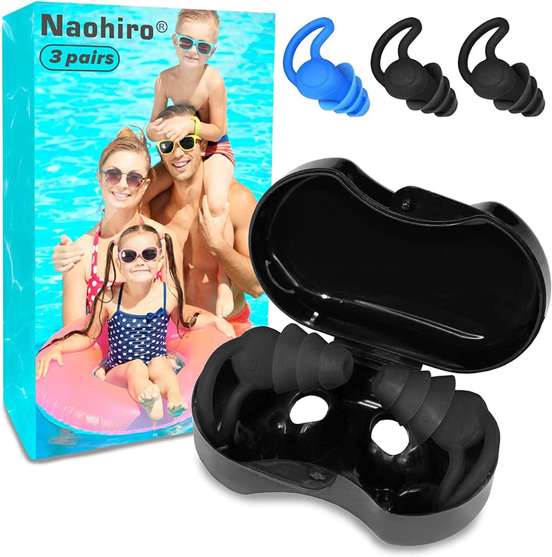Naohiro Swimming Earplugs 3 Pairs, Upgraded Design of Silicone Waterproof Earplugs, Reusable, for Swimming, Surfing, and Other Water Sports, for Adults and Kids (2 Black & 1 Blue)（U.S. Local Delivery）