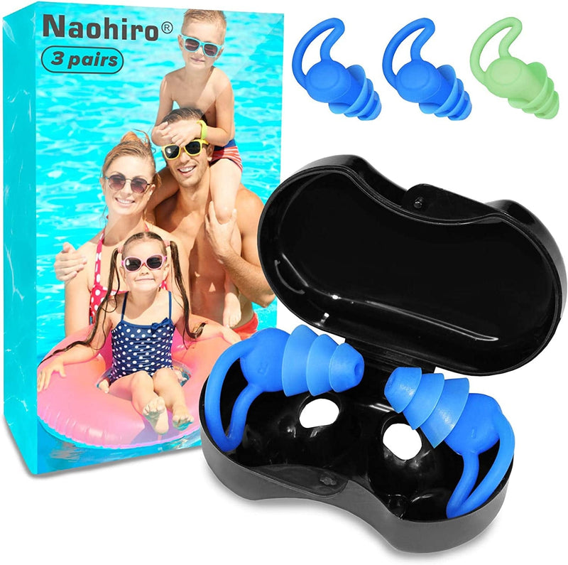 Naohiro Swimming Earplugs 3 Pairs, Upgraded Design of Silicone Waterproof Earplugs, Reusable, for Swimming, Surfing, and Other Water Sports, for Adults and Kids (2 Black & 1 Blue)（U.S. Local Delivery） Sporting Goods > Outdoor Recreation > Boating & Water Sports > Swimming Naohiro 2 Blue & 1 Green  