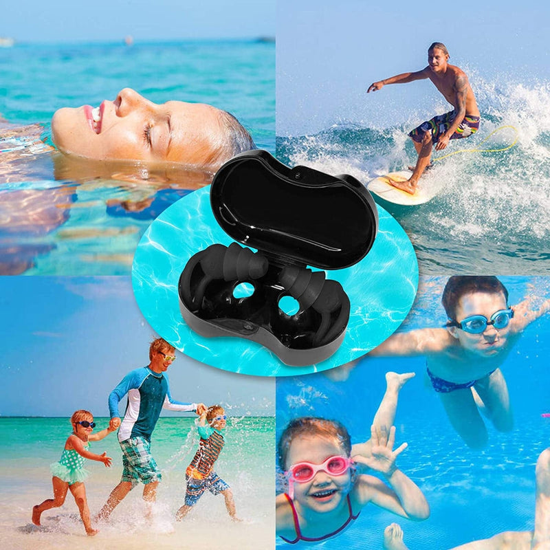 Naohiro Swimming Earplugs 3 Pairs, Upgraded Design of Silicone Waterproof Earplugs, Reusable, for Swimming, Surfing, and Other Water Sports, for Adults and Kids (2 Black & 1 Blue)（U.S. Local Delivery）