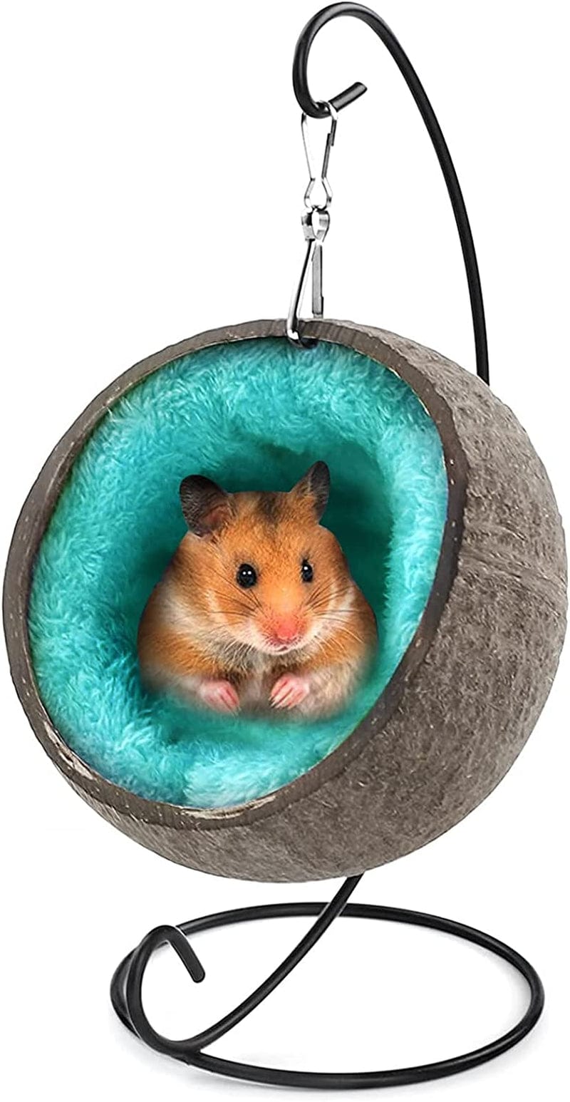 Natural Coconut Hamster Hideout Hammock, Suspension Coconut Husk Hamster Bed House with Warm Pad, Hamster Coconut Hideout Small Animal Habitat Decor Accessories Hanging Loop