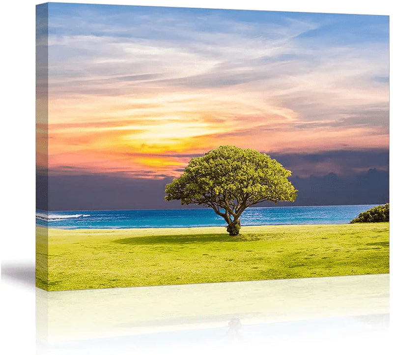 Nature Landscape Wall Art Decor of Shrub in Coastal Hill,Bedroom Wall Art Mural of Sunset Seascape Scenery,Changing Colour Sky Canvas Wall Art Painting Picture Print Poster Artwork,Inner Frame(12X16) Home & Garden > Decor > Artwork > Posters, Prints, & Visual Artwork Palderwallart Green Seaview & Sea Blue Ocean 12x16 