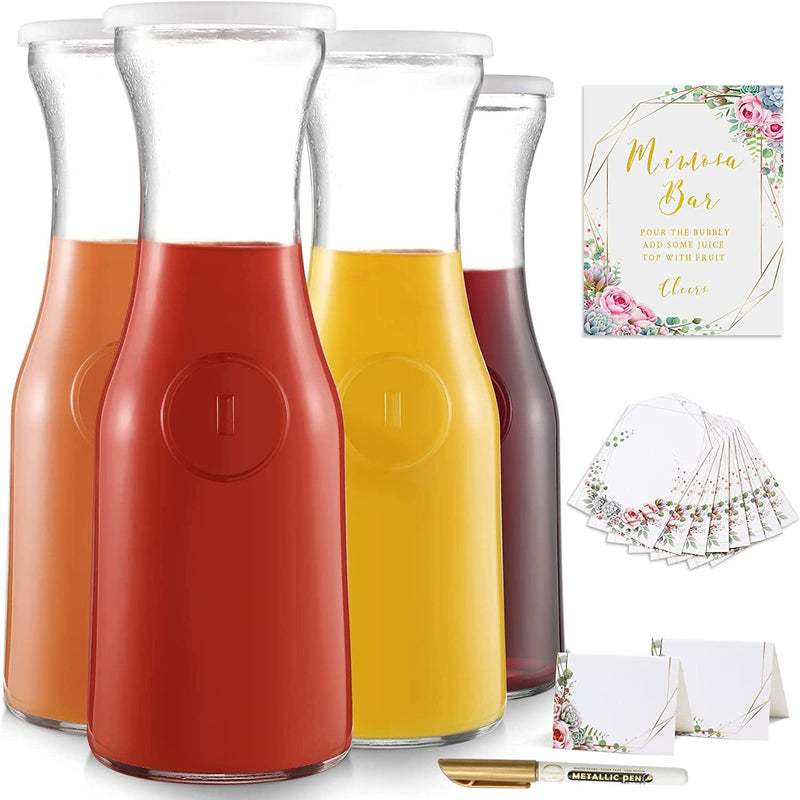 NETANY Carafe Set for Mimosa Bar Includes 4 Pack Glass Carafe with Lids, 1 Mimosa Bar Sign, 8 Table Cards, 8 Label Tags and 1 Gold Marker for Mimosa Bar, Bridal/Baby Shower and Brunch Decorations