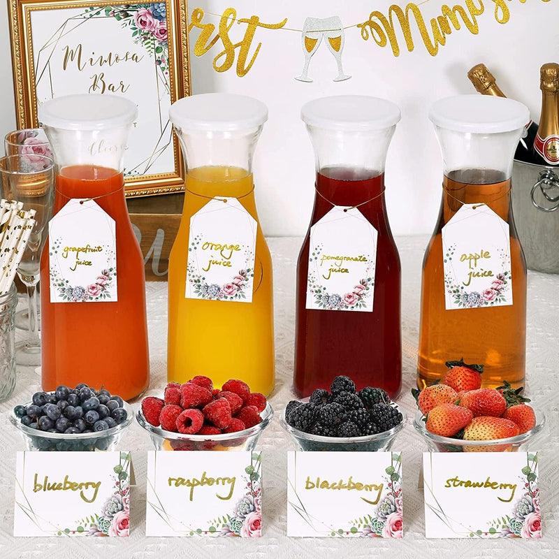 NETANY Carafe Set for Mimosa Bar Includes 4 Pack Glass Carafe with Lids, 1 Mimosa Bar Sign, 8 Table Cards, 8 Label Tags and 1 Gold Marker for Mimosa Bar, Bridal/Baby Shower and Brunch Decorations