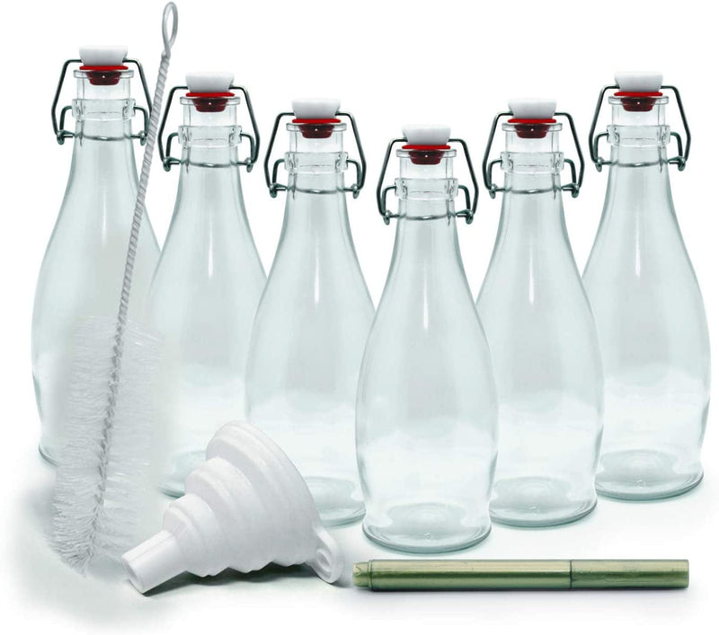 Nevlers Set of 12 | 8.5 Oz. Glass Bottle Set with Swing Top Stoppers and Includes Bottle Brush, Funnel and Gold Glass Marker | Swing Top Glass Bottles | Clear Glass Water Bottle Home & Garden > Kitchen & Dining > Tableware > Drinkware Nevlers 1  