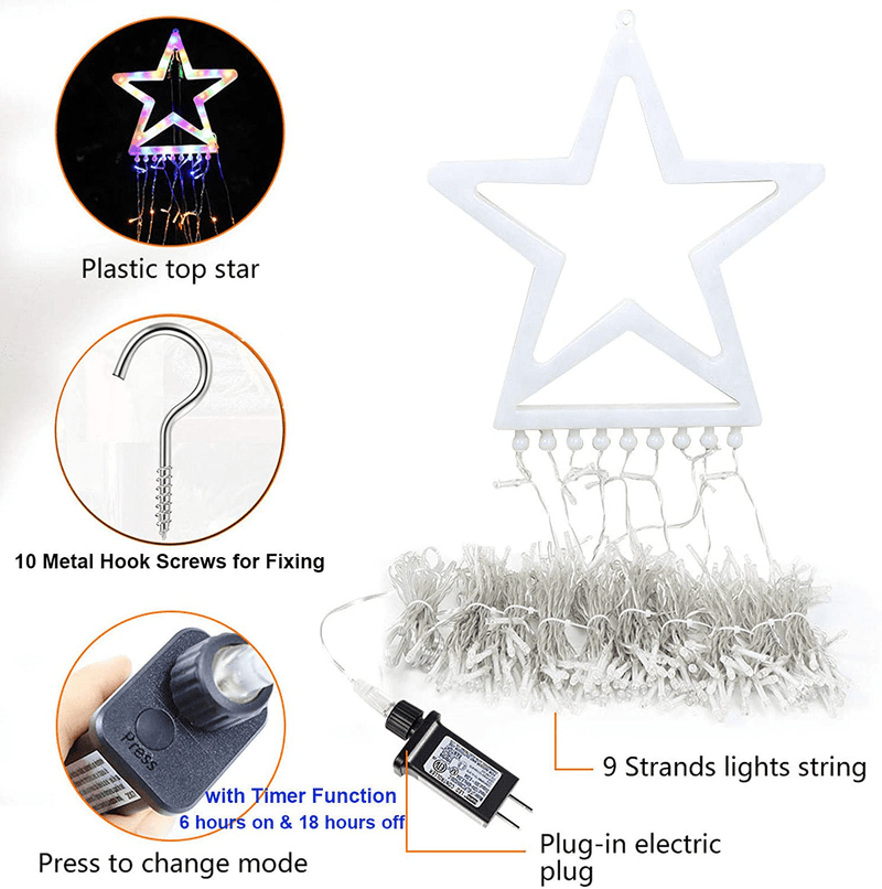 (New) FUNIAO Christmas Decorations Outdoor Star Lights, 320 LED Curtain String Lights, Star Hanging Christmas Tree Topper Lights with 12" Star for Holiday, Wedding, Party, New Year (Multicolor) Home & Garden > Decor > Seasonal & Holiday Decorations& Garden > Decor > Seasonal & Holiday Decorations FUNIAO   