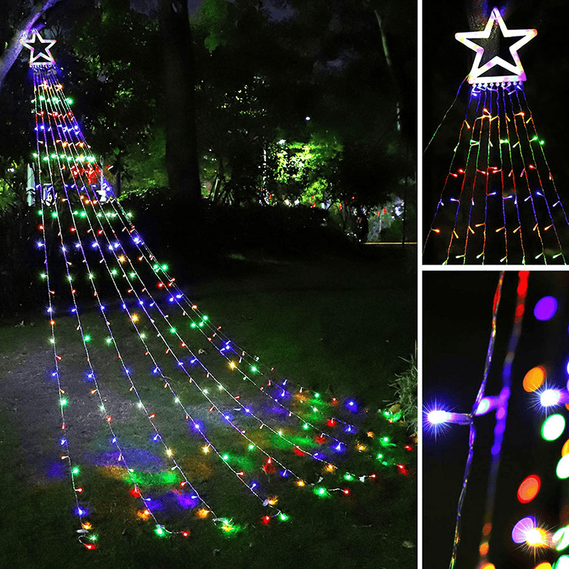 (New) FUNIAO Christmas Decorations Outdoor Star Lights, 320 LED Curtain String Lights, Star Hanging Christmas Tree Topper Lights with 12" Star for Holiday, Wedding, Party, New Year (Multicolor)