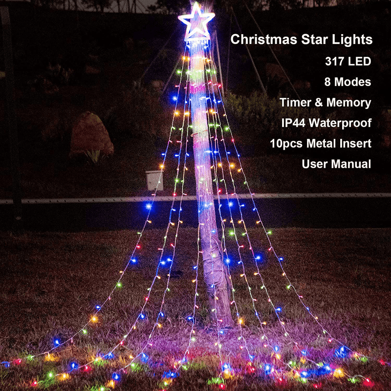 (New) FUNIAO Christmas Decorations Outdoor Star Lights, 320 LED Curtain String Lights, Star Hanging Christmas Tree Topper Lights with 12" Star for Holiday, Wedding, Party, New Year (Multicolor)