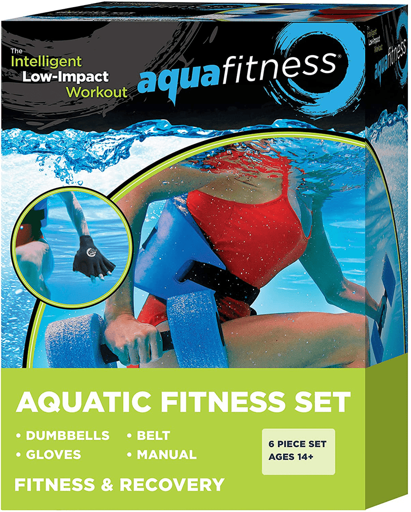 New & Improved AQUA 6 Piece Fitness Set for Water Aerobics, Pool Exercise Equipment, Aquatic Swim Belt, Resistance Gloves, Barbells, Model:AF4730  Aqua LEISURE 6 Piece Fitness Set  