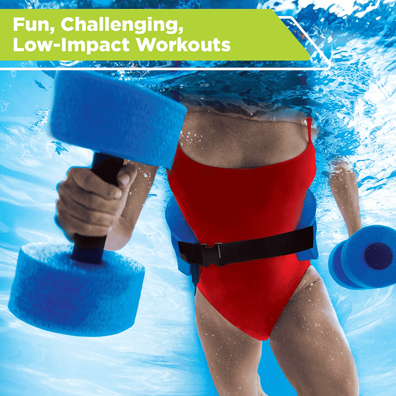 New & Improved AQUA 6 Piece Fitness Set for Water Aerobics, Pool Exercise Equipment, Aquatic Swim Belt, Resistance Gloves, Barbells, Model:AF4730