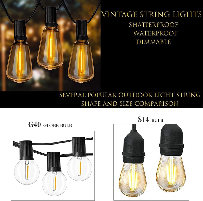 NEW POW Newpow Outdoor String Lights 66Ft with 40+2Spare LED Filament Bulbs Dimmable Shatterproof Waterproof, for Indoor/Outdoor Decoration and Lighting, Edison Vintage Style Warm 2200K Home & Garden > Lighting > Light Ropes & Strings newpow   