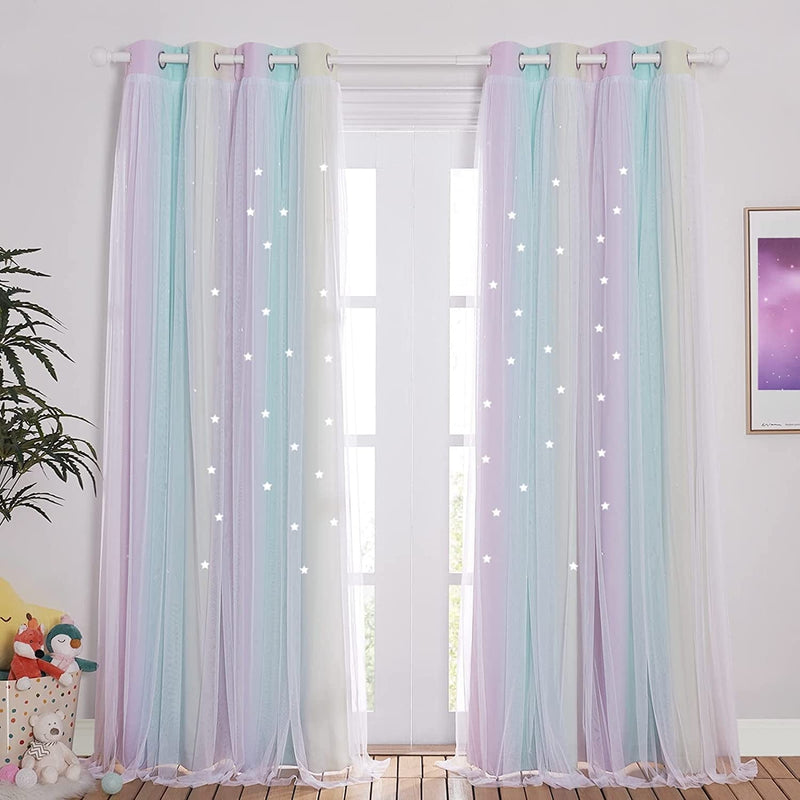NICETOWN Stars and Moon Hollow-Out Blackout Curtains for Kids Room / Nursery, Grommet Top 2 Layer Window Treatment Curtain Panels for Living Room / Thanksgiving (2-Pack, W52 X L84 Inches, Navy Blue) Home & Garden > Decor > Window Treatments > Curtains & Drapes NICETOWN Purple & Blue & Yellow W52 x L84 
