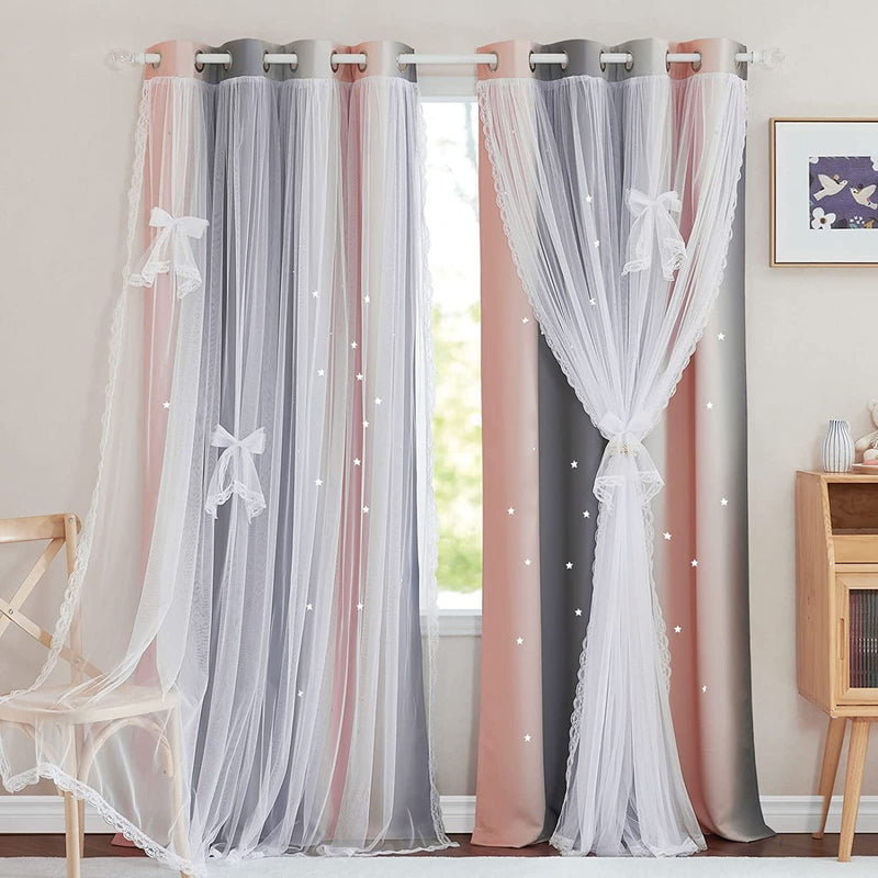 NICETOWN Stars and Moon Hollow-Out Blackout Curtains for Kids Room / Nursery, Grommet Top 2 Layer Window Treatment Curtain Panels for Living Room / Thanksgiving (2-Pack, W52 X L84 Inches, Navy Blue) Home & Garden > Decor > Window Treatments > Curtains & Drapes NICETOWN Pink & Dark Grey W52 x L63 