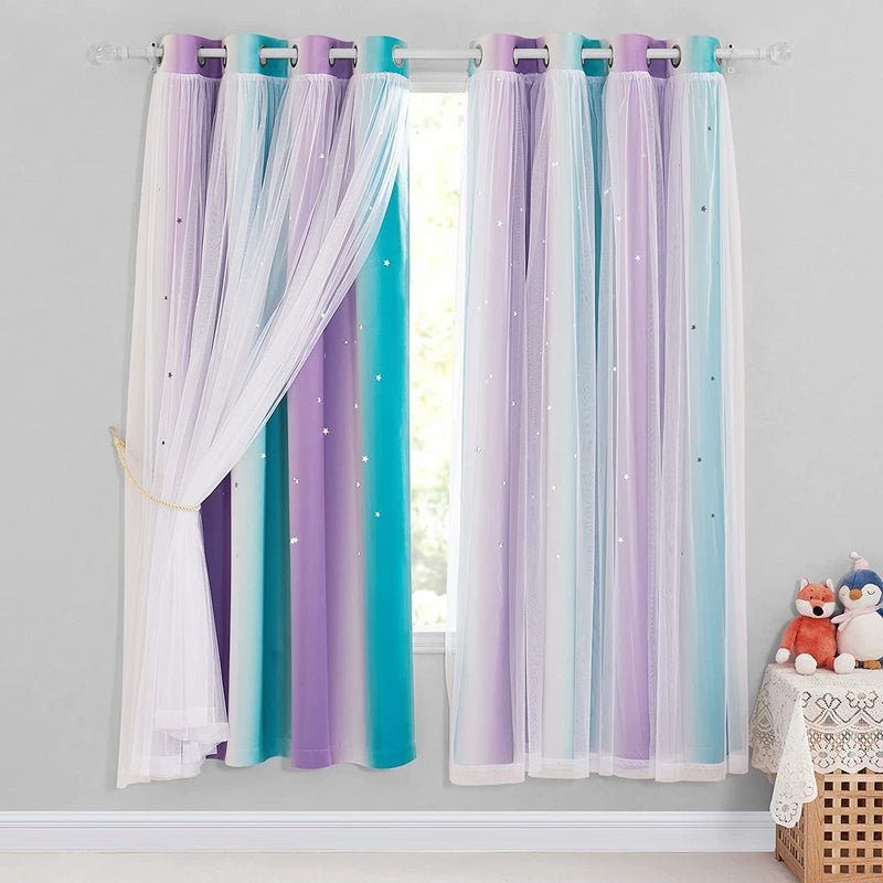 NICETOWN Stars and Moon Hollow-Out Blackout Curtains for Kids Room / Nursery, Grommet Top 2 Layer Window Treatment Curtain Panels for Living Room / Thanksgiving (2-Pack, W52 X L84 Inches, Navy Blue) Home & Garden > Decor > Window Treatments > Curtains & Drapes NICETOWN Teal & Purple W52 x L72 
