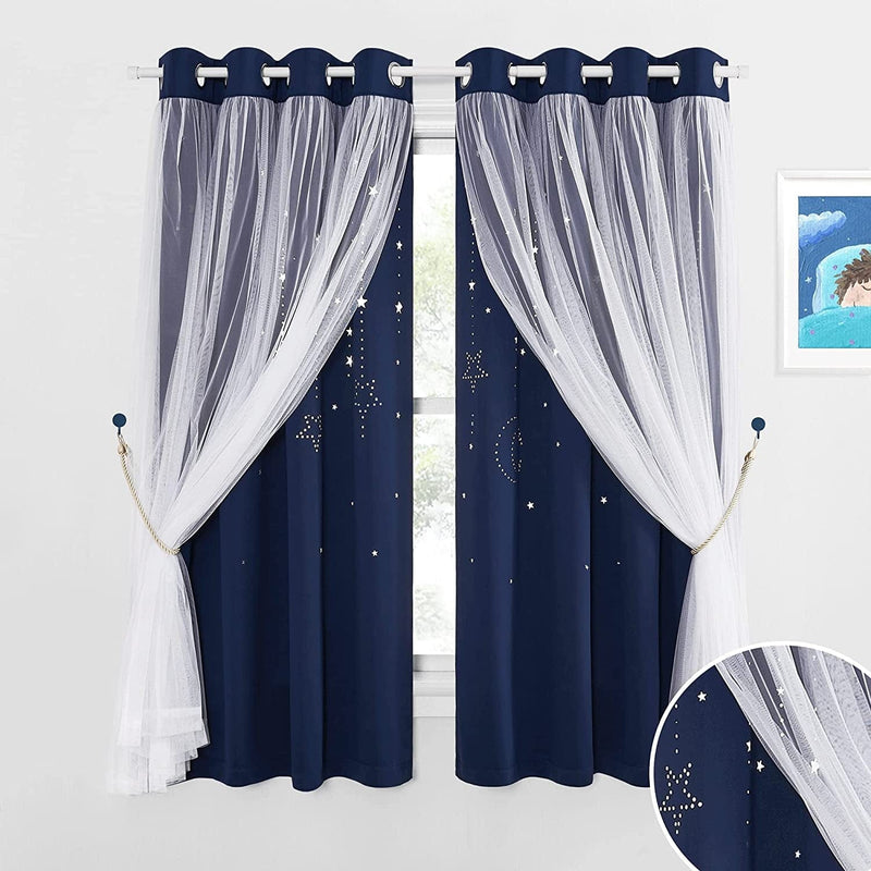 NICETOWN Stars and Moon Hollow-Out Blackout Curtains for Kids Room / Nursery, Grommet Top 2 Layer Window Treatment Curtain Panels for Living Room / Thanksgiving (2-Pack, W52 X L84 Inches, Navy Blue) Home & Garden > Decor > Window Treatments > Curtains & Drapes NICETOWN Navy W52 x L63 