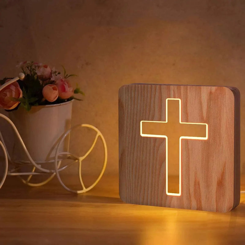 Night Light for Kids Cross Wooden 3D Lamp Creative Wooden Lights Simple Decorative Lights 3D Wood Carving Pattern LED Night Light for Desk Table with USB Powered Home Decoration Best Gift for Kids