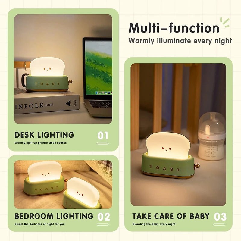 Night Light for Kids Cute Led Nightlights Dimmable USB Rechargeable Portable Travel Adjustable Toast Night Lamp with Timer Switch Children Baby Toddler Nursery Girls Bedroom Night-Lights