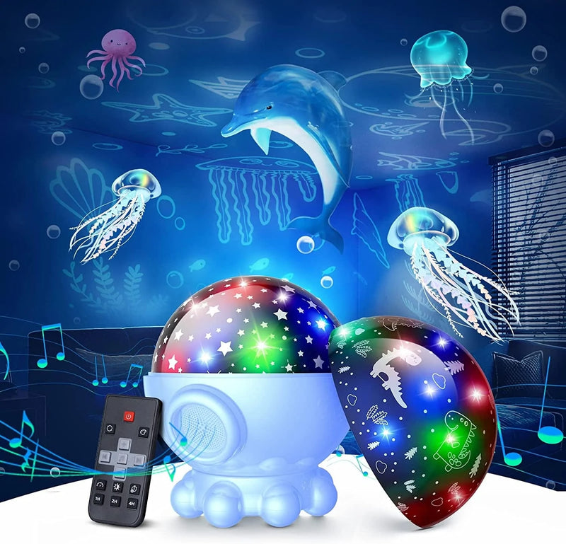 Night Light Projector,Ocean Star Night Light for Kids Room,Dinosaur Toys with 360° Rotation,Remote and Timer,3 Projection Films,17 Light Modes,9 Lullaby Songs,Birthday Christmas Gifts Kids Toys-White