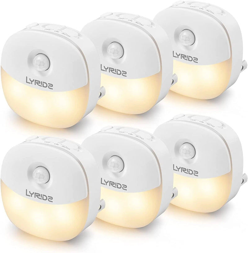 Night Light [Upgrade], Lyridz LED Warm White Plug in Nightlight with Auto Dusk-To-Dawn Motion Sensor, 3 Modes, Adjustable Brightness, Compact Size for Hallways, Stairs, Bedroom, Kitchen, 6-Pack
