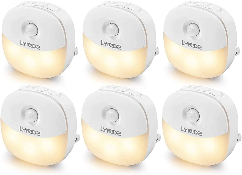 Night Light [Upgrade], Lyridz LED Warm White Plug in Nightlight with Auto Dusk-To-Dawn Motion Sensor, 3 Modes, Adjustable Brightness, Compact Size for Hallways, Stairs, Bedroom, Kitchen, 6-Pack