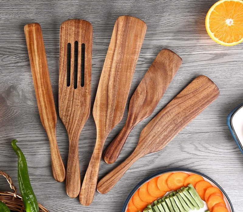 NIGILA 5Pcs Wooden Spoons Kit for Cooking Durable Acacia Wood Spurtles Kitchen Tools and Utensils Long Handle for Nonstick Cookware,Salad Strainer and Cake Make,Spurtles Kitchen Tools as Seen on TV