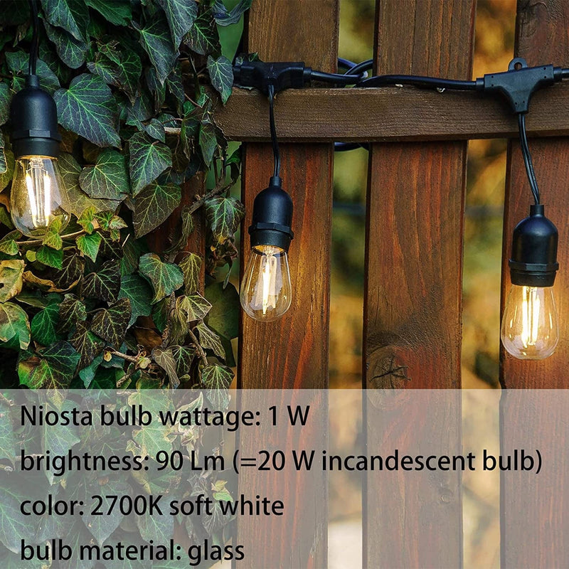 NIOSTA 24Ft Outdoor Hanging String Lights with 12 Dimmable LED Vintage Bulbs Commercial Grade Strand for Market Cafe Bistro Patio Party Tent Porch Garden -Blk