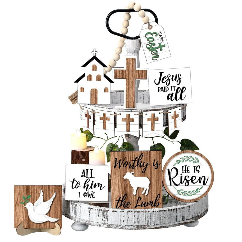 Nomeni 15 Pcs Easter Tiered Tray Decor Set Table Top Decor Farmhouse Wooden Block Signs Wood Crosss Decor for Easter Home Kitchen Decorations