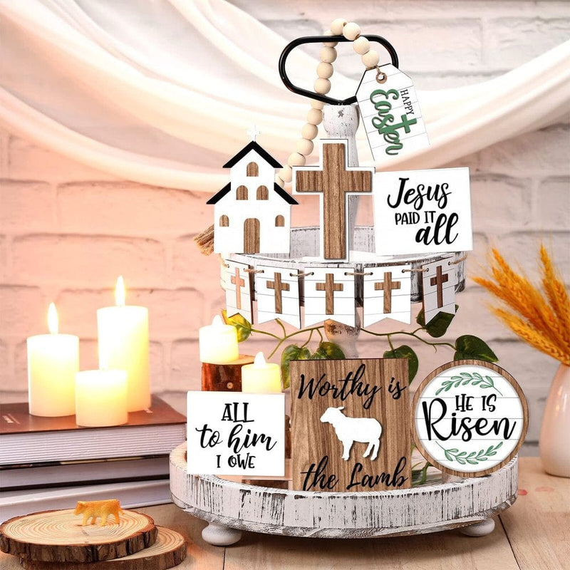 Nomeni 15 Pcs Easter Tiered Tray Decor Set Table Top Decor Farmhouse Wooden Block Signs Wood Crosss Decor for Easter Home Kitchen Decorations