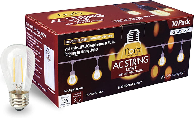Norbstring, 50 Foot, Plug-In Outdoor/Indoor, LED String Lights. 2W AC Cozy-Spectrum (Candlelight-Like), Shatterproof, Vintage Style - for Indoor, Backyard & Patio. 60% More Bulbs than Leading Brand! Home & Garden > Lighting > Light Ropes & Strings Norb 2W S14 Replacement Bulbs (10 Pack)  