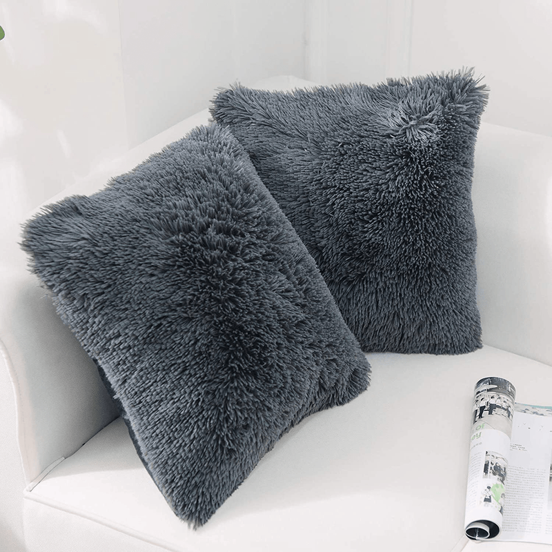 NordECO HOME Luxury Soft Fur Cushion Cover Pillowcase Decorative Dyed Throw Pillows Covers, No Pillow Insert, 16" x 16" Inch, White, 2 Pack Home & Garden > Decor > Chair & Sofa Cushions NordECO HOME F-dark Grey 18" x 18" 