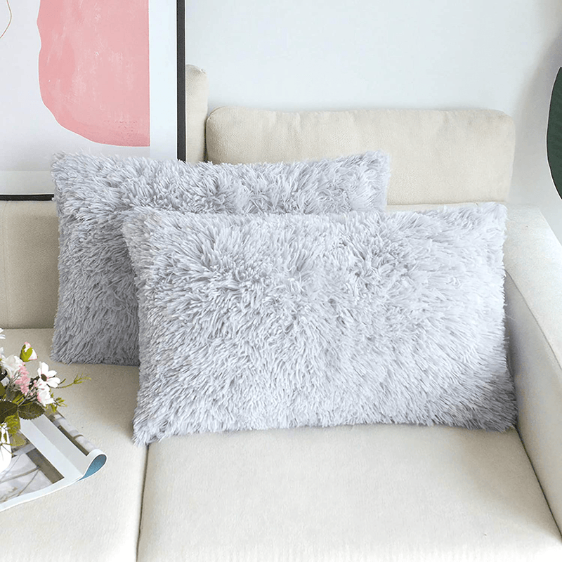 NordECO HOME Luxury Soft Fur Cushion Cover Pillowcase Decorative Dyed Throw Pillows Covers, No Pillow Insert, 16" x 16" Inch, White, 2 Pack Home & Garden > Decor > Chair & Sofa Cushions NordECO HOME C-light Grey 20" x 12" 