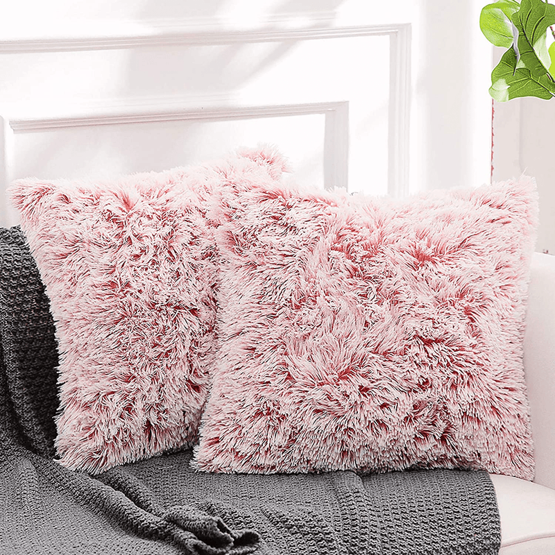NordECO HOME Luxury Soft Fur Cushion Cover Pillowcase Decorative Dyed Throw Pillows Covers, No Pillow Insert, 16" x 16" Inch, White, 2 Pack Home & Garden > Decor > Chair & Sofa Cushions NordECO HOME P-pink Ombre 18" x 18" 