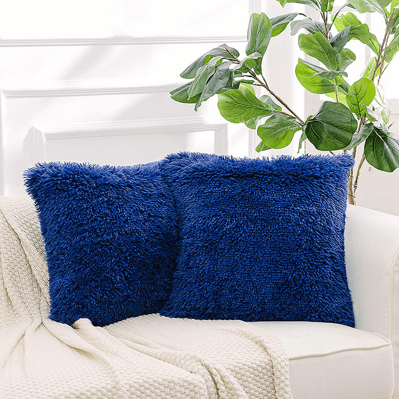 NordECO HOME Luxury Soft Fur Cushion Cover Pillowcase Decorative Dyed Throw Pillows Covers, No Pillow Insert, 16" x 16" Inch, White, 2 Pack Home & Garden > Decor > Chair & Sofa Cushions NordECO HOME L-sapphire Blue 18" x 18" 