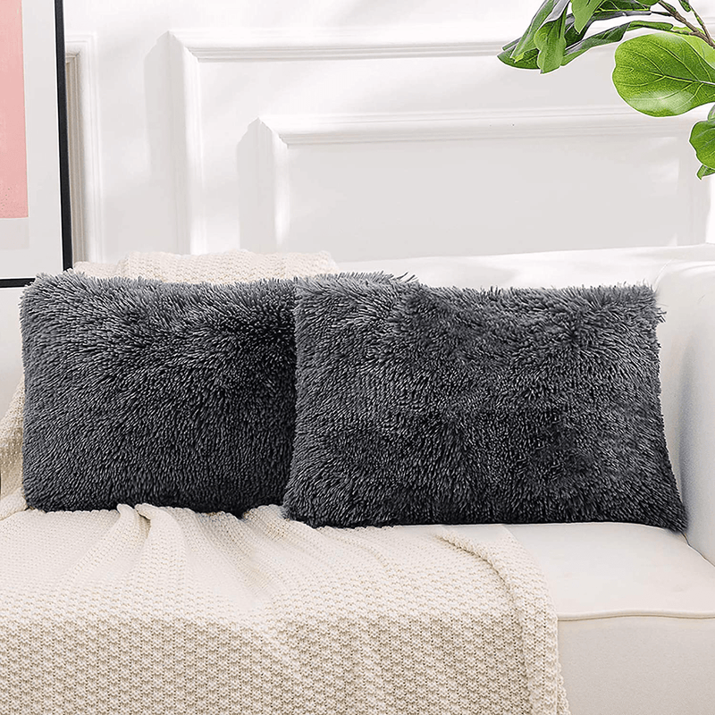 NordECO HOME Luxury Soft Fur Cushion Cover Pillowcase Decorative Dyed Throw Pillows Covers, No Pillow Insert, 16" x 16" Inch, White, 2 Pack Home & Garden > Decor > Chair & Sofa Cushions NordECO HOME F-dark Grey 20" x 12" 