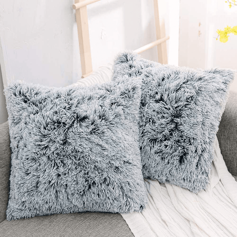 NordECO HOME Luxury Soft Fur Cushion Cover Pillowcase Decorative Dyed Throw Pillows Covers, No Pillow Insert, 16" x 16" Inch, White, 2 Pack Home & Garden > Decor > Chair & Sofa Cushions NordECO HOME N-black Ombre 22" x 22" 